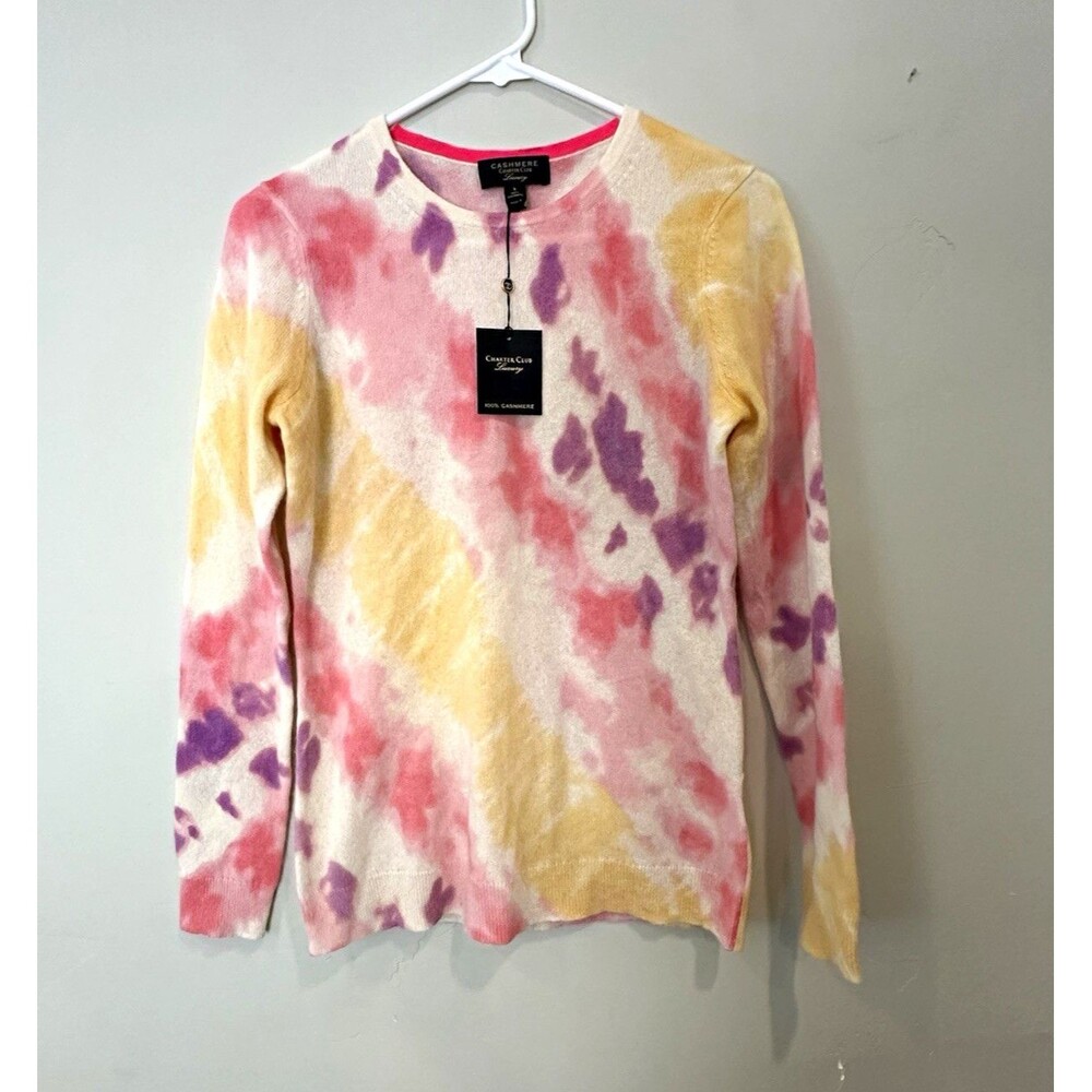 Charter Club NWT 100% Cashmere S Tie-Dye Crewneck Pullover Sweater Pink Multi